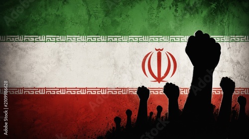 Silhouette of raised arms and clenched fists on the background of the flag of Iran. The concept of power, power, conflict. With place for your text