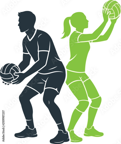 Silhouette of a man and a woman playing volleyball together