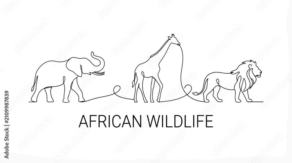Obraz premium Collection of artistic black vector silhouettes featuring diverse African safari wildlife including majestic elephant, tall giraffe, fierce lion, and rhino isolated on white background.
