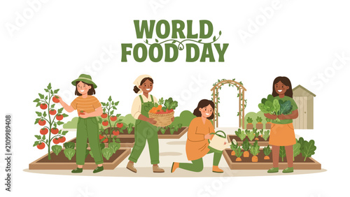 Quadro su tela Celebrating World Food Day: A group of diverse women joyfully harvest fresh produce from a lush garden, embodying the spirit of World Food Day and the abundance of healthy food