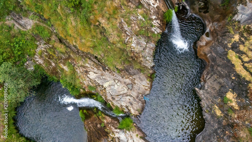 Los Fumos Well Waterfall, Los Bayos, León, Castile and León, Spain, as seen from a drone