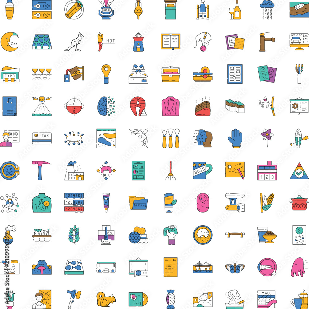 Naklejka premium Large collection of colorful outline icons representing various business, technology, food, nature, and everyday objects, ideal for web and mobile application design