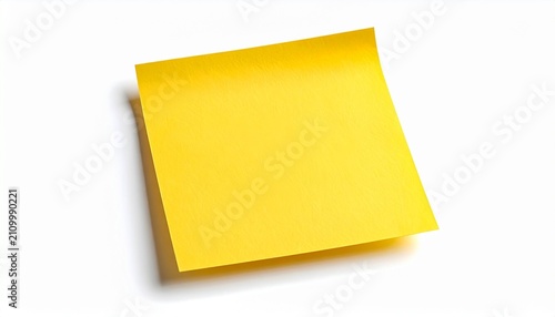 A single empty bright yellow square sticky note isolated on a plain white background ideal for copy space and office organization concepts.