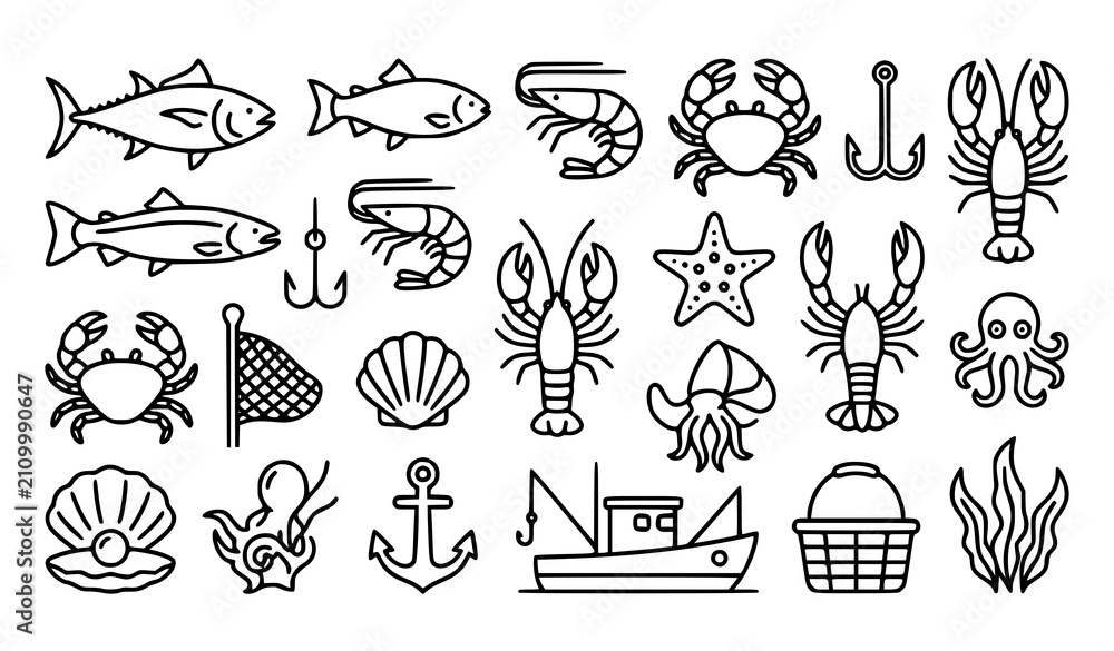 Fototapeta premium Marine Seafood Outline Icon Vector Set with Ocean Creatures and Fishing Elements