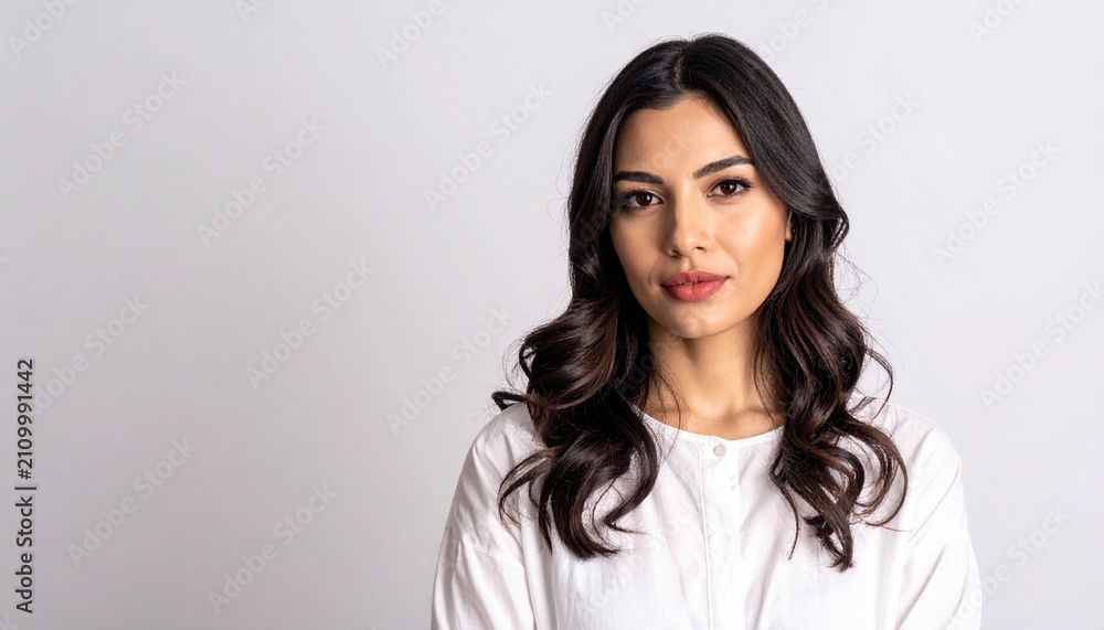 Obraz premium A beautiful young woman with long dark wavy hair looking at the camera wearing a simple white shirt against a clean light grey background.