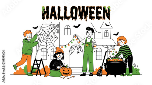Fotografía Children Decorating for Halloween: A group of children enthusiastically decorate a house for Halloween, stringing lights, carving a pumpkin, and hanging cobwebs, ready for the spooky festivities