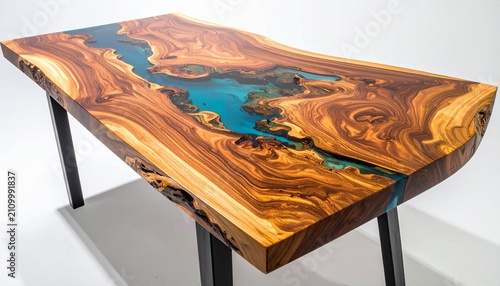 Modern live edge wood dining table with a beautiful blue epoxy resin river insert handcrafted furniture piece for contemporary home interior.