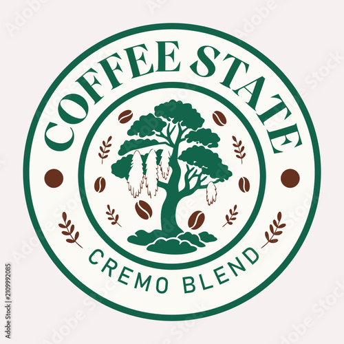 Premium Coffee Brand Badge Logo Template with Botanical Tree, Coffee Beans and Vintage Circular Seal Vector