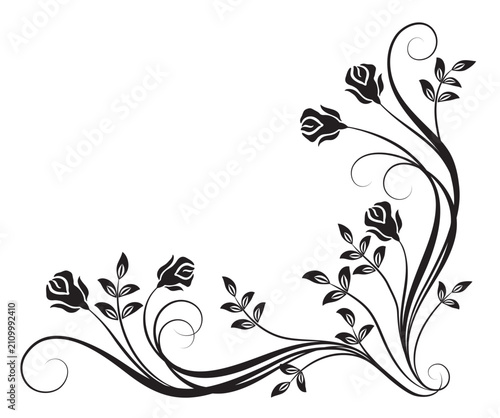 Floral corner ornament with roses flowers vintage decorative border. Decorative element for decor and text greeting or invitation card design.