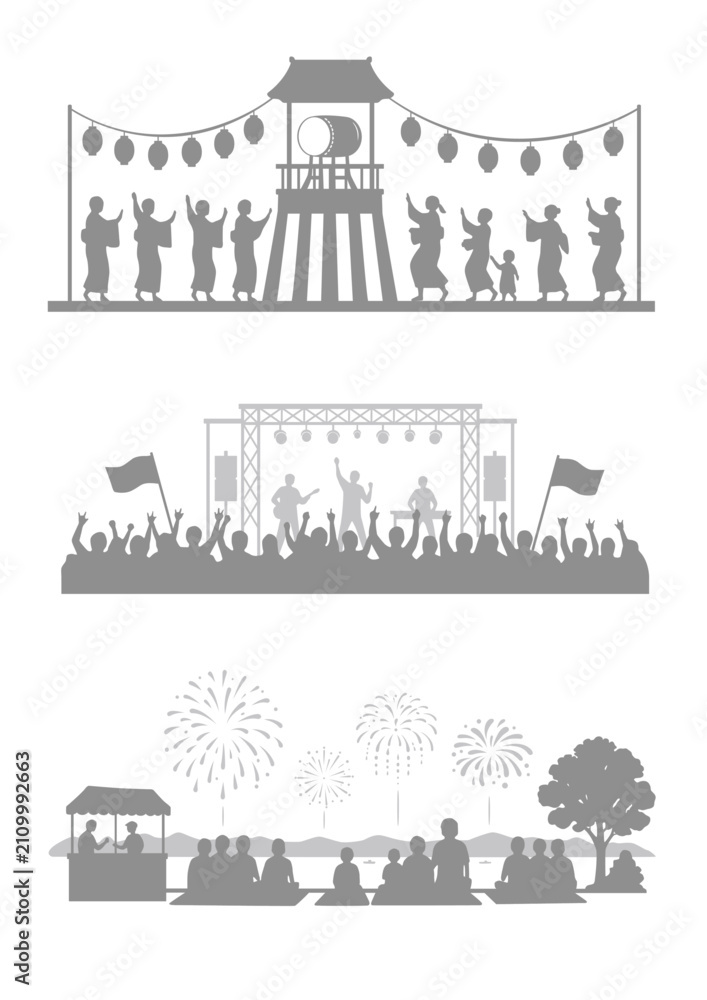 Fototapeta premium 夏のイベント風景のシルエットイラストセット 盆踊り 野外フェス 花火大会