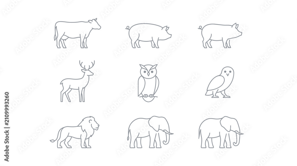 Obraz premium Extensive Collection of Minimalist Animal Line Art Silhouettes Featuring Domestic Farm Creatures, Woodland Forest Wildlife, and Exotic Safari Beasts Isolated on a Clean White Background
