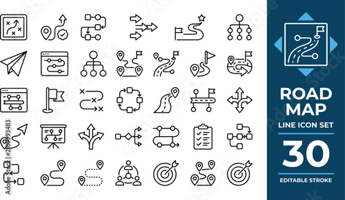 Road map and strategic planning line icon set featuring 30 navigational and directional symbols with editable stroke for business, planning