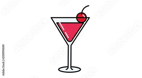 Martini cocktail glass with pink drink and cherry garnish