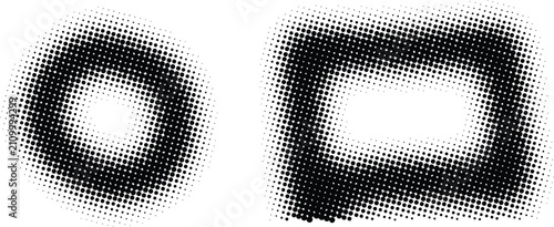Halftone frame vector set, black ink dot borders on white background, retro pop art halftone frames for photo masking and graphic design