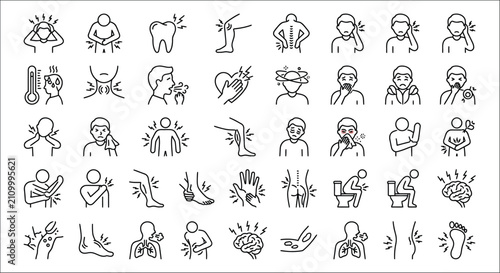 Tableau sur toile Collection Of Line Icons Depicting Various Illnesses And Physical Ailments On A