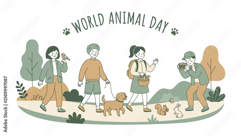 Naklejka premium World Animal Day Celebration: A charming illustration depicts people celebrating World Animal Day, interacting with various animals like a dog, bird, squirrel, and rabbit in a serene.
