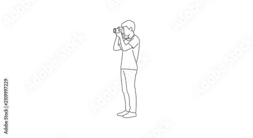 Line art illustration of a photographer with a camera white background