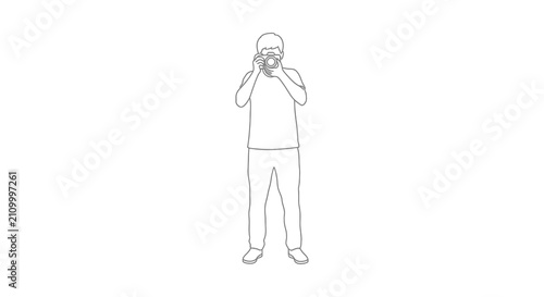 Line drawing of a photographer with a camera white background