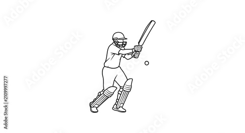 Cricket player with bat and helmet black and white line drawing