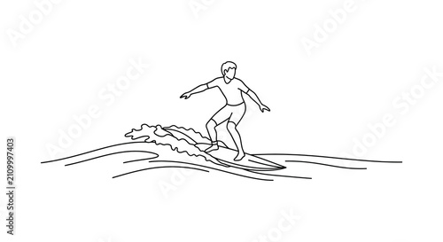 Surfer riding a wave continuous line drawing on white background