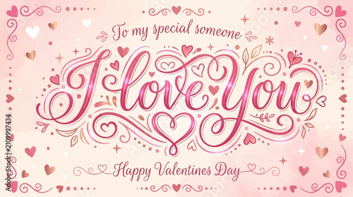 Konstfotografi Elegant pink and gold Valentine's Day card with 'I Love You' script, hearts, and decorative flourishes, wishing a Happy Valentine's Day