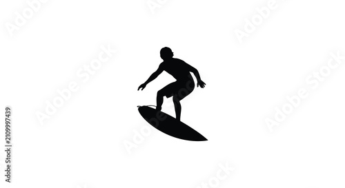 Surfer Silhouette On Board Black Shape Against White Background