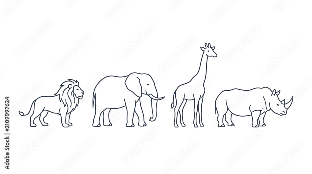 Obraz premium Minimalist collection of African safari wildlife vector outlines featuring savanna animals like lion elephant giraffe rhino zebra and cheetah isolated on clean white background backdrop.