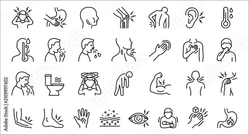 Photos Collection Of Line style Illness Icons Depicting Various Symptoms And Medical Co