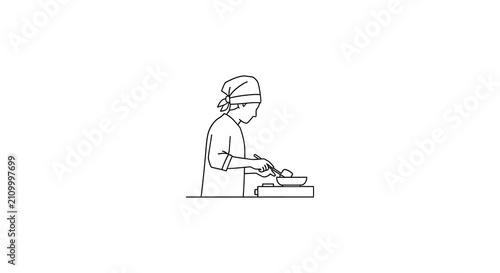 Line drawing of a chef preparing food on a counter
