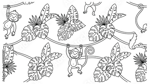 Jungle seamless pattern with cute monkeys and monstera leaf art.
