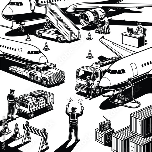 Fotografía Airport Runway Ground Operations Vector Illustration with Airplane Maintenance F