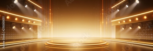 TV quiz show studio, game show stage lights, dim neon lights, soft spotlights, empty stage, gold background.