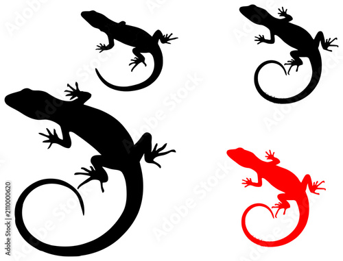 Set of lizard silhouettes in black and red colors with silhouette