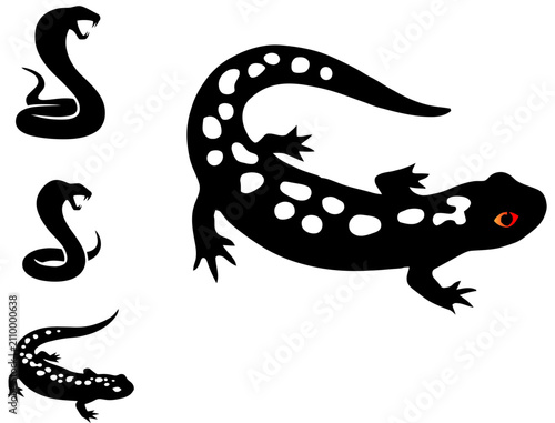 Black silhouettes of spotted salamanders and snakes