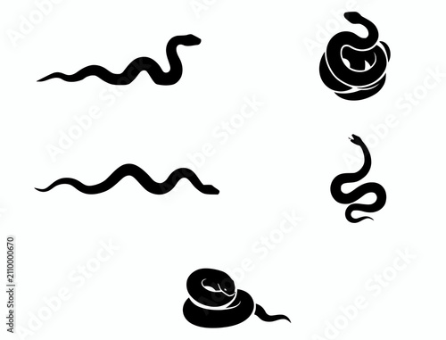 Set of five black snake silhouettes in various poses