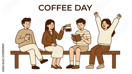 Fotografía Coffee Day Gathering: Four friends enjoy a relaxing Coffee Day on a bench, with coffee pouring, books, and joyful expressions symbolizing camaraderie and a break from the everyday