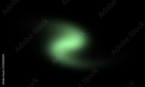 Abstract neon green glowing spiral swirl light leak overlay effect on black background with copy space for futuristic technology design.