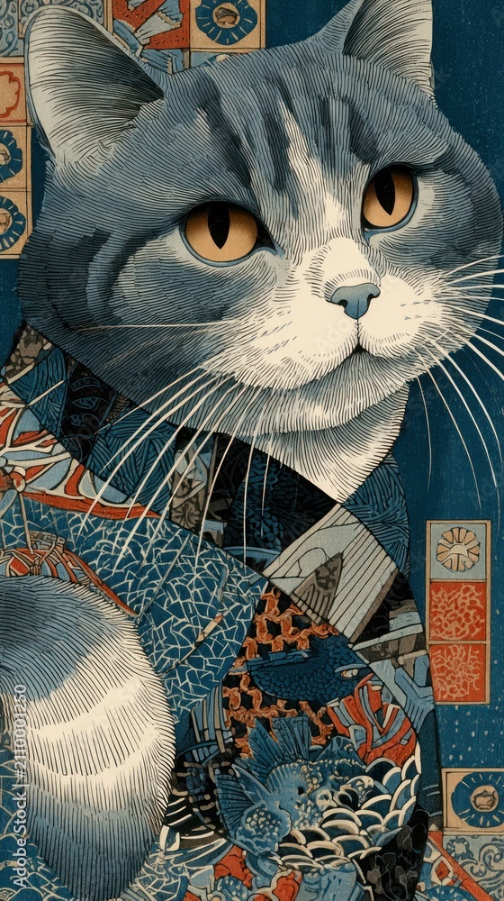Fototapeta premium Japanese-style cat art mobile wallpaper, blue-gray cat portrait