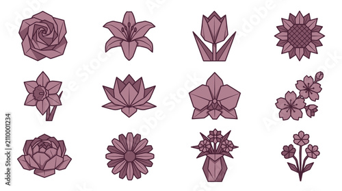 Collection of origami geometric flower vector icons in purple color, featuring stylized botanical illustrations of various blossoms for design projects