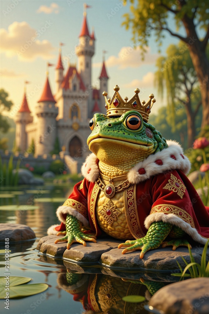 Obraz premium Royal frog sits on stones by water. He wears golden crown and red robe. Fairytale castle stands in background. Green trees and plants surround scene. Water reflects sky and castle.