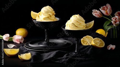 Elegant silky citrus mousse with lemon accents, tulips and refined restaurant styling