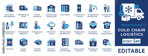 Cold chain logistics icon set featuring refrigerated transport, temperature monitoring, cold storage, insulated packaging, vaccine transport, frozen food, and compliance.