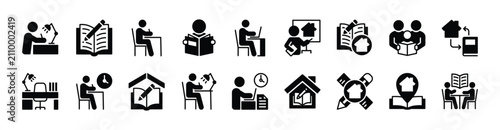 Homework icon vector set. Contains study desk, writing book, reading, learn, learning, studying together, course, hours - illustration