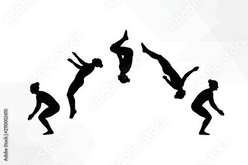 Gymnast performing backflip sequence silhouette on white background
