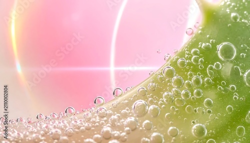 Refreshing aloe vera leaf with water bubbles on pink background for skincare and cosmetic beauty concept
