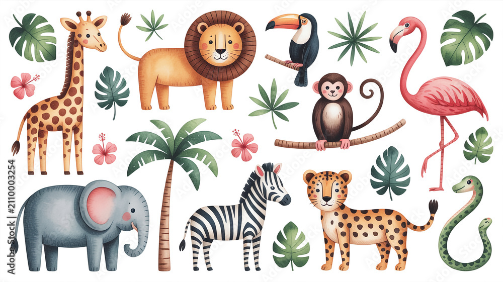 Naklejka premium Colorful illustration of various animals in a tropical setting including a giraffe lion toucan monkey flamingo elephant zebra leopard with tropical