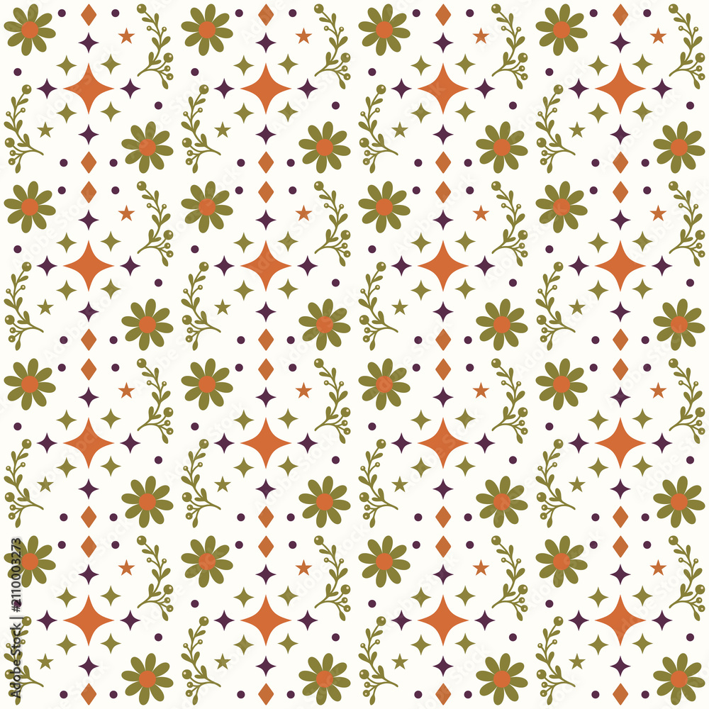 Retro Celestial Floral Seamless Pattern with Mid-Century Sparkles