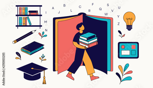 Student carrying books from open book. Education concept with learning icons and symbols.