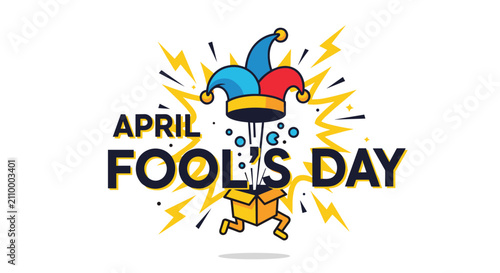 Colorful jester hat pops out of a yellow surprise box to celebrate april fools day with sparks and funny blue bubbles.
