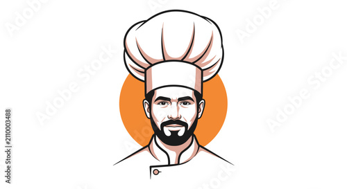 Portrait of a professional male chef with a dark beard wearing a white uniform and a traditional tall white chef hat.